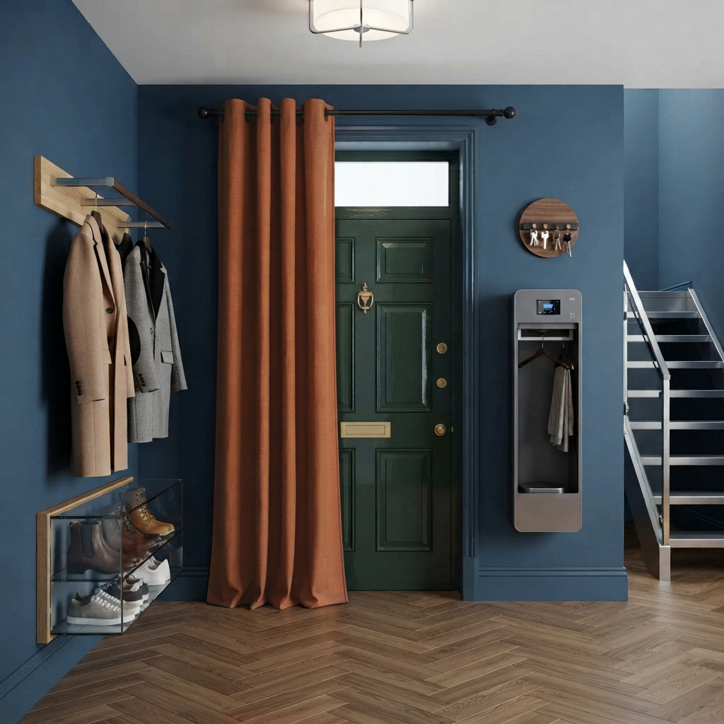 Terracotta Heavy Weight Thermal Door Curtains in a Hallway with Blue Walls and Wood-Panelled Doors