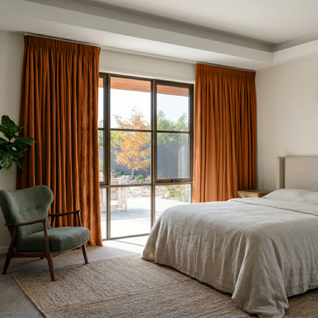 Terracotta Linen Pencil Pleat Curtains in a Minimal Bedroom with Warm Neutral Palette