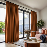 Terracotta Heavy Weight Linen Pencil Pleat Curtains for Sliding Door in a Modern Living Room - Cotton Lining