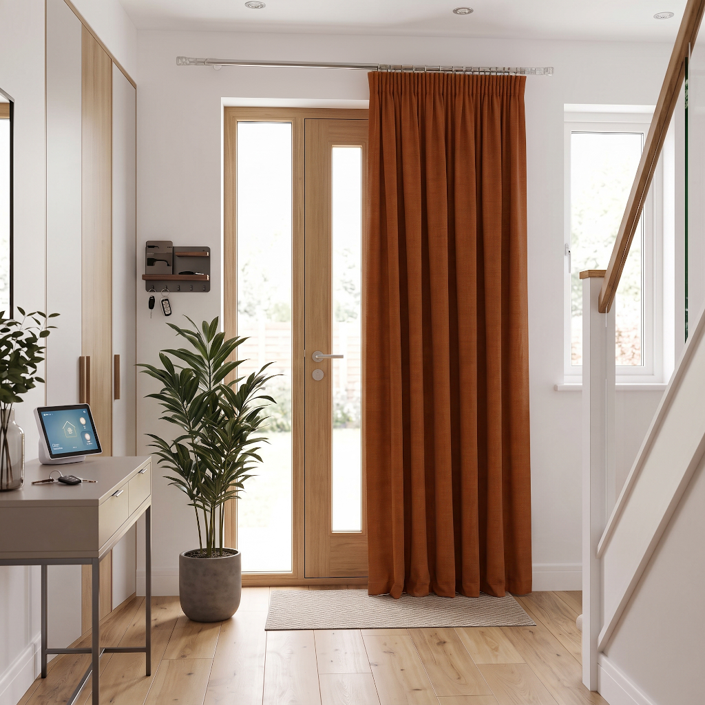 Terracotta Heavy Weight Thermal Door Curtains in a Hallway with White Walls and Wooden Flooring
