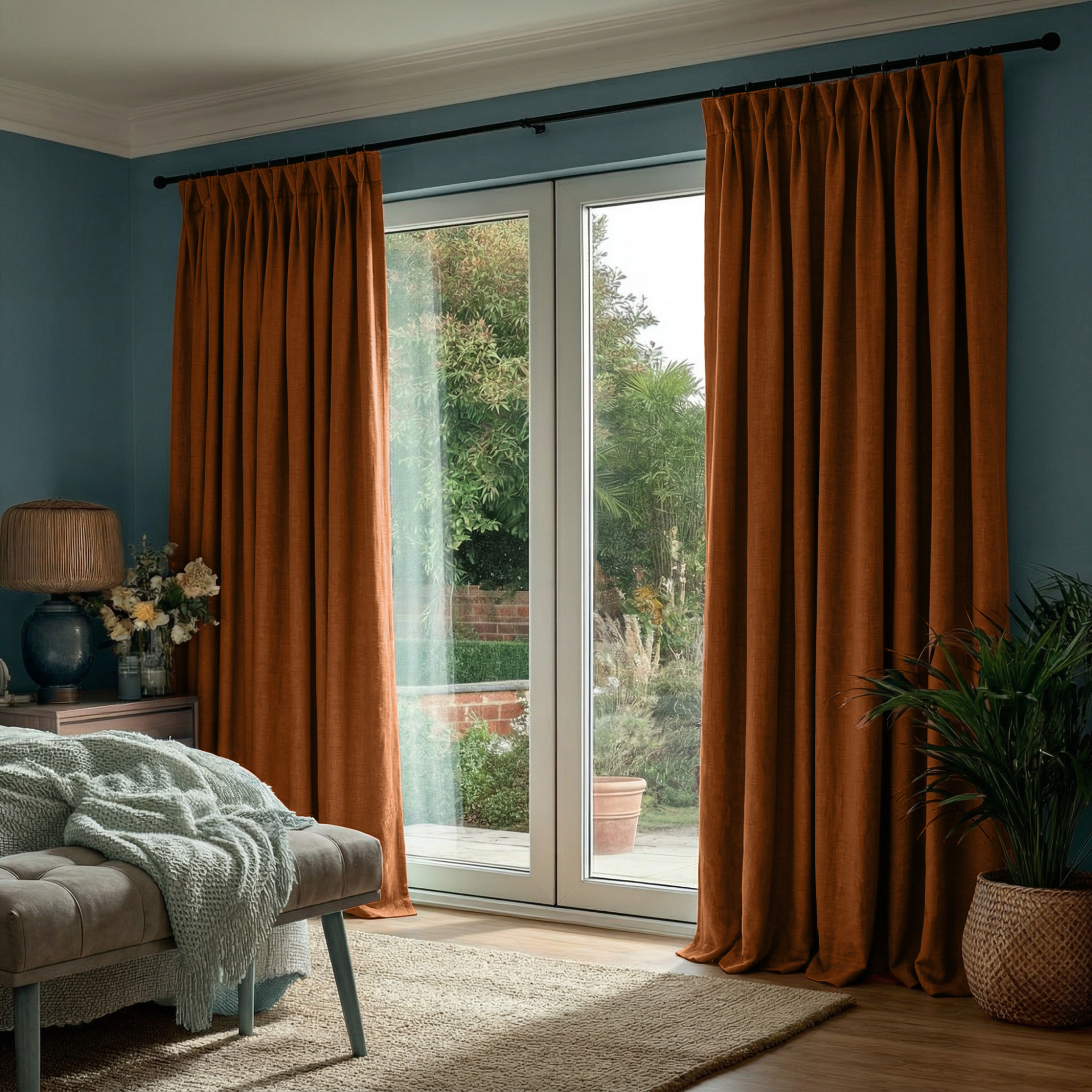 Terracotta Heavy Weight Linen Pinch Pleat Curtains for Sliding Door in a Moody Bedroom with Blue Walls - Blackout Lining