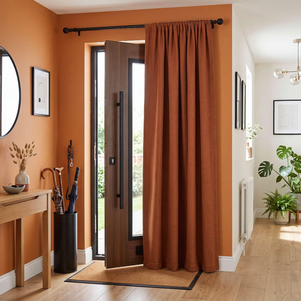 Terracotta Heavy Weight Thermal Door Curtains in a Hallway with Orange Walls and Wood Console Table