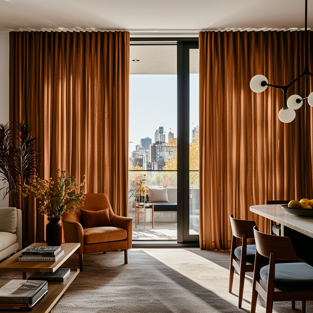 Terracotta Heavy Weight Linen S-Fold Curtains for Sliding Door in a Modern Living Room with City Balcony View