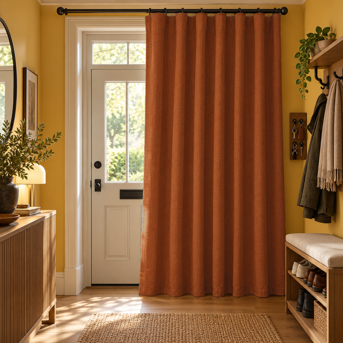 Terracotta Heavy Weight Thermal Door Curtains in a Hallway with Yellow Walls and Integrated Bench Seating