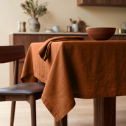 Terracotta Square Heavy Weight Linen Tablecloth in a Modern Kitchen with Walnut Furniture and Ceramic Tableware