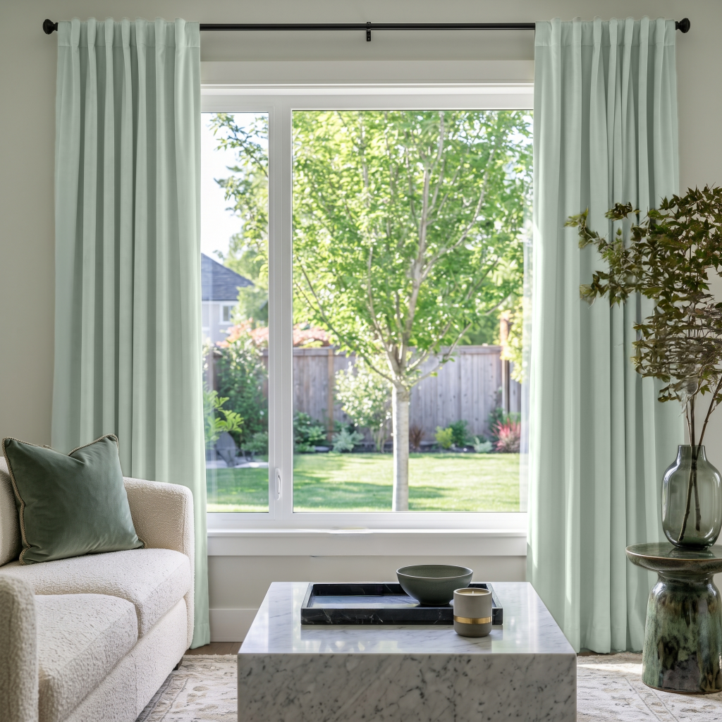 Mint Green Velvet Back Tab Curtains in a Minimal Living Room with White Walls and Marble Coffee Table