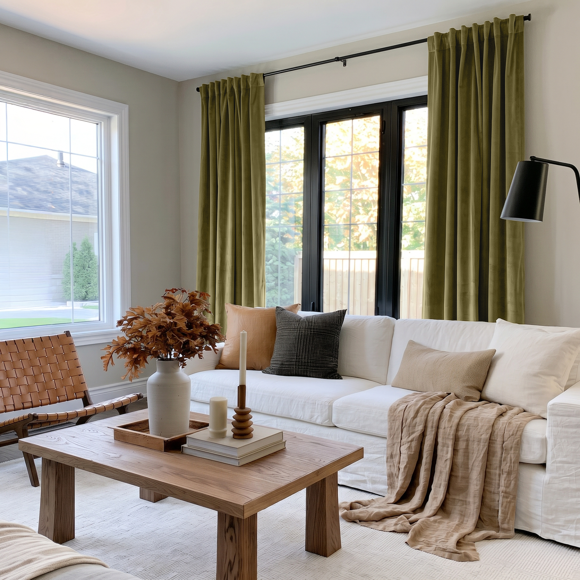 Moss Green Velvet Back Tab Curtains in a Modern Living Room with a White Sofa and Woven Leather Chair