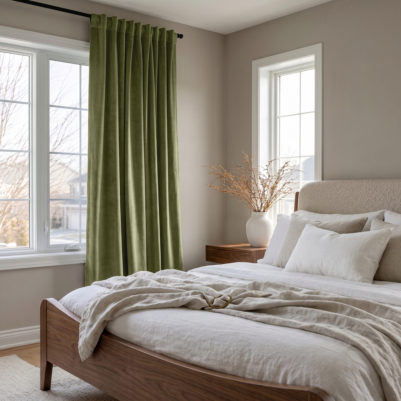 Olive Green Velvet Back Tab Curtains in a Minimal Bedroom with Light Greige Walls and White Bedding