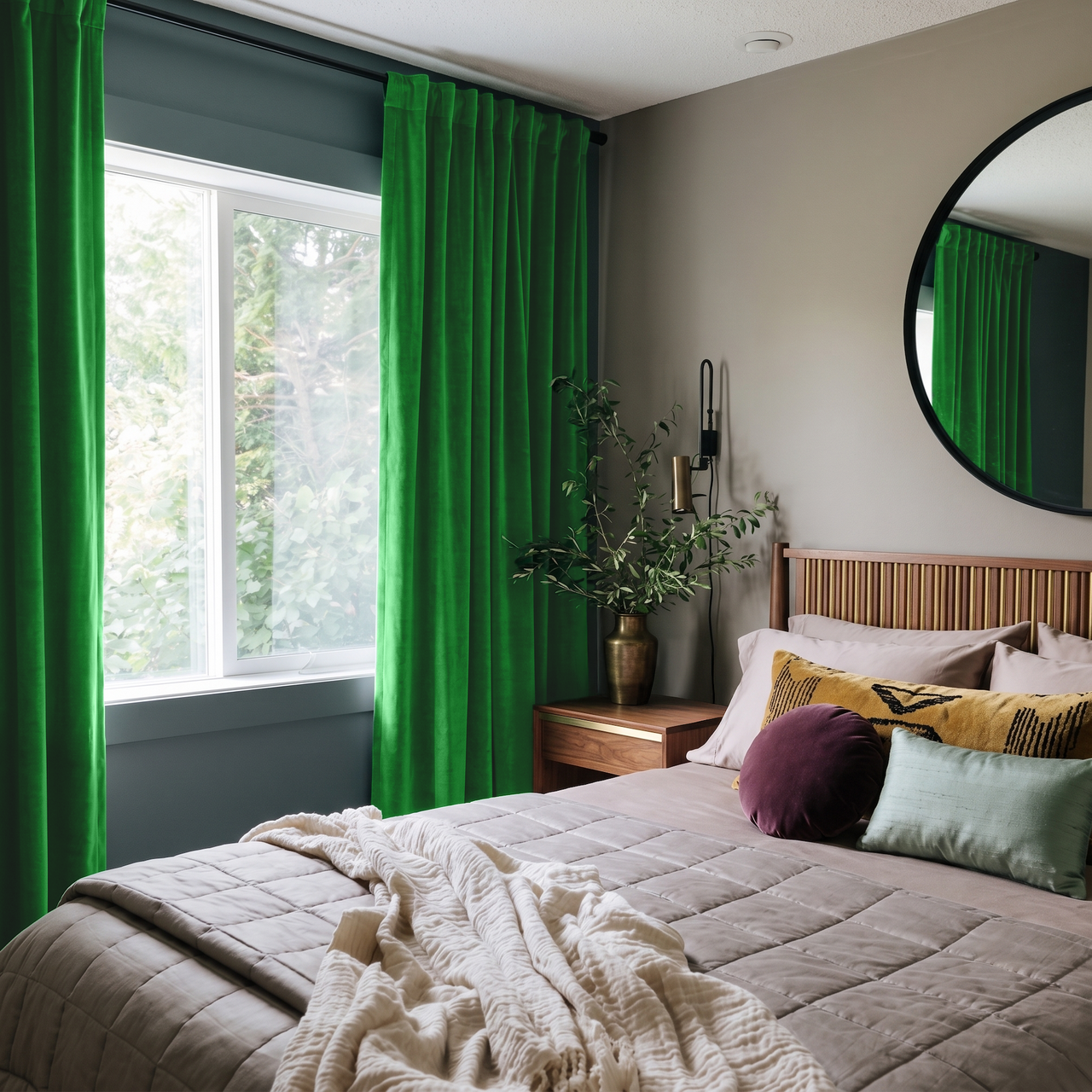 Lime Green Velvet Back Tab Curtains in a Moody Bedroom with Teal Walls and Grey Bedding