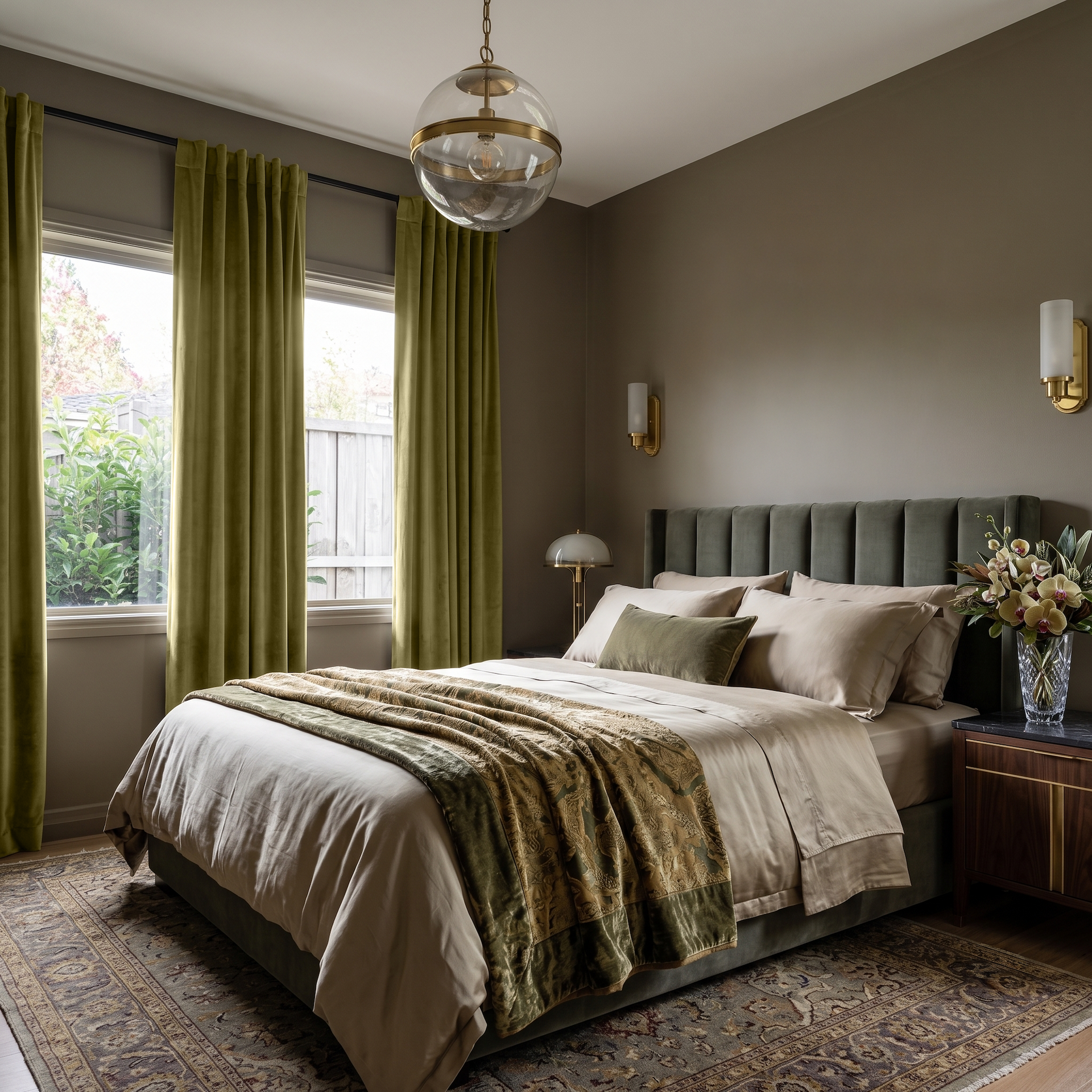 Moss Green Velvet Back Tab Curtains in an Elegant Bedroom with Taupe Walls and Ivory Bedding