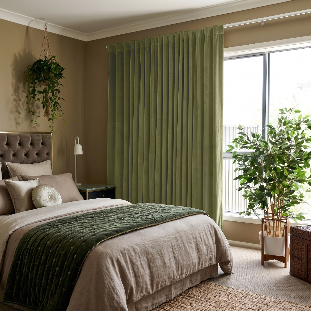 Olive Green Velvet Back Tab Curtains in a Cozy Bedroom with Taupe Walls and Beige Bedding