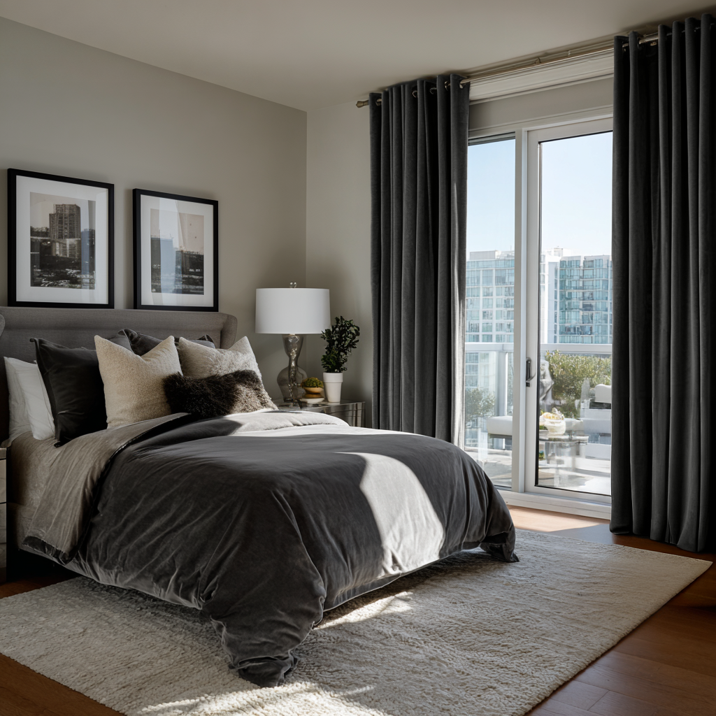 Dark Grey Velvet Eyelet Curtains in a Contemporary Bedroom with City Views