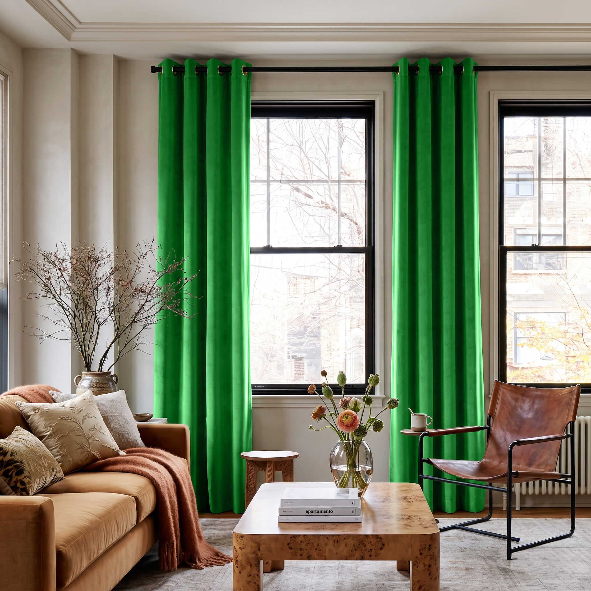 Lime Green Velvet Eyelet Curtains in an Eclectic Living Room with Cream Walls and Caramel Seating