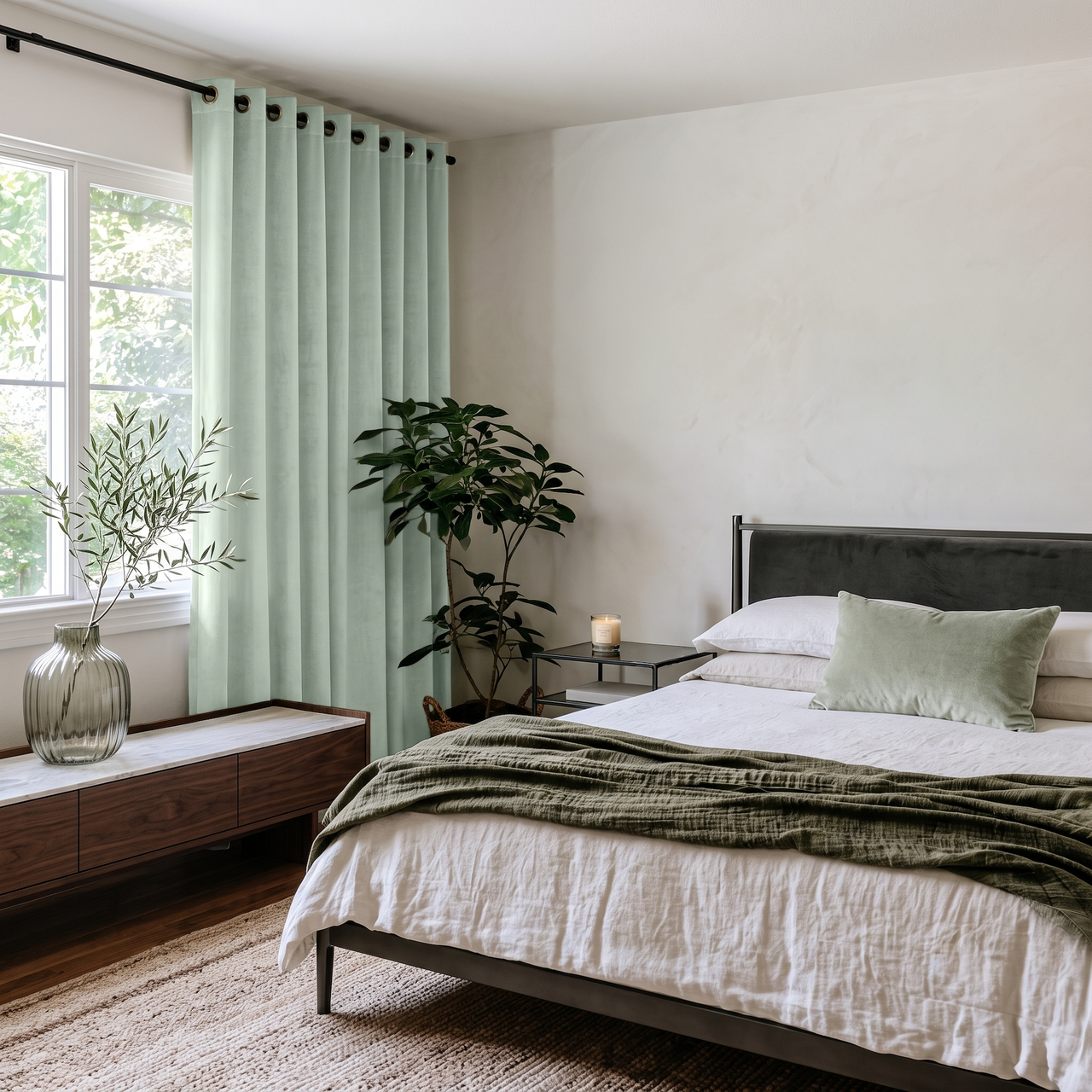 Mint Green Velvet Eyelet Curtains in a Modern Bedroom with a Charcoal Headboard and Olive Green Bedding