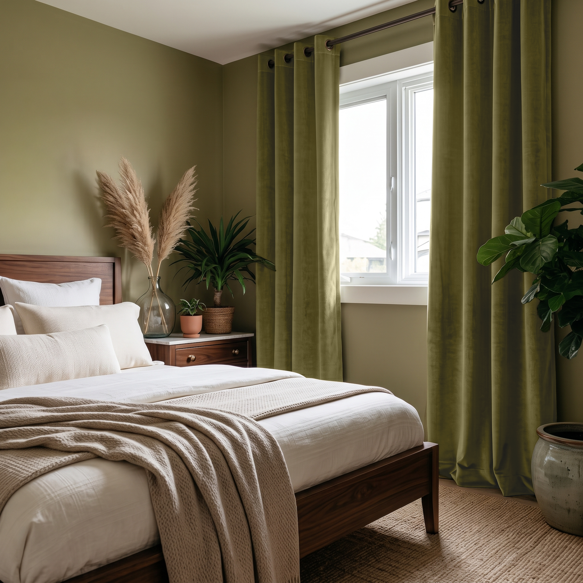 Moss Green Velvet Eyelet Curtains in a Cozy Bedroom with Olive Walls and White Bedding