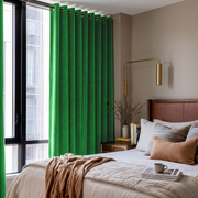 Lime Green Velvet Eyelet Curtains in a Modern Bedroom with Taupe Walls and a Caramel Headboard