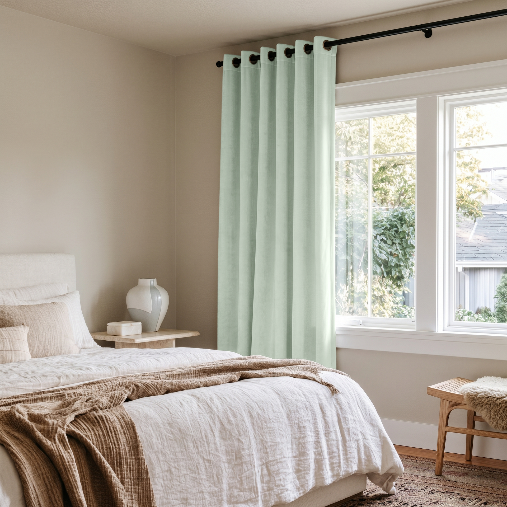 Mint Green Velvet Eyelet Curtains in a Minimal Bedroom with White Bedding and a Cane Bench