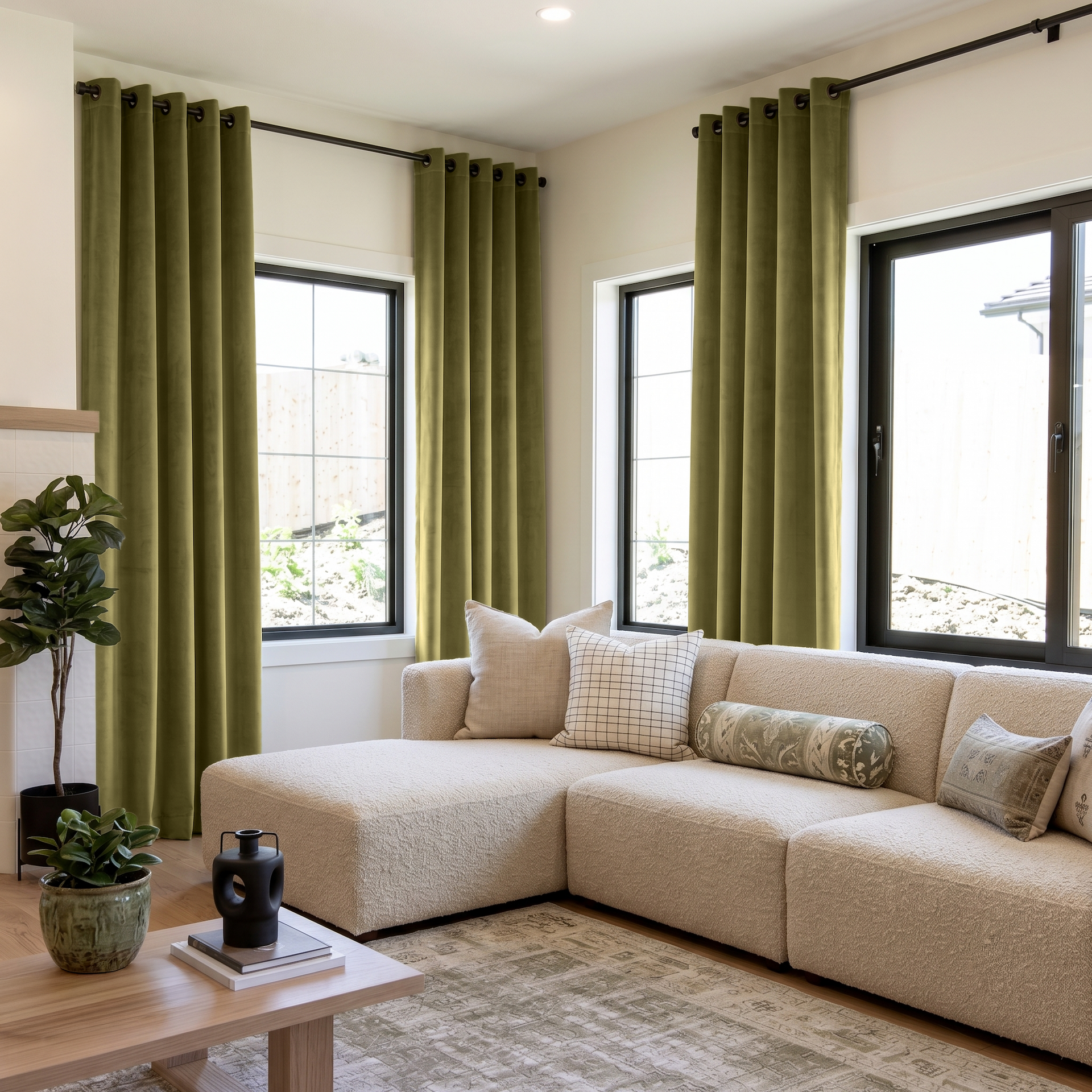 Moss Green Velvet Eyelet Curtains in a Contemporary Living Room with Cream Walls and a White Sectional Sofa