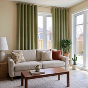 Olive Green Velvet Eyelet Curtains in a Bright Living Room with Warm Beige Walls