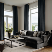 Steel Black Velvet Eyelet Curtains in a Modern Living Room with a Charcoal Sectional Sofa