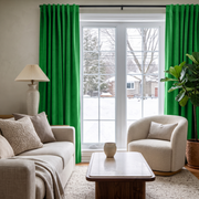 Lime Green Velvet Multitape Soundproof Curtains in a Cozy Living Room with a Cream Curved Armchair