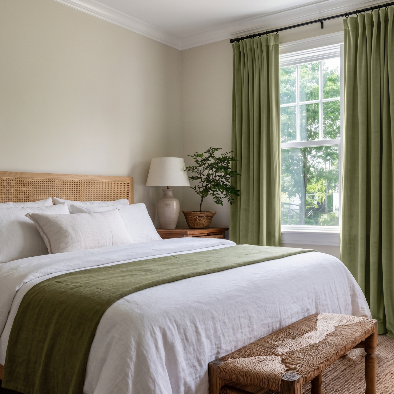 Olive Green Velvet Multitape Soundproof Curtains in a Minimal Bedroom with White Bedding and a Rattan Bench