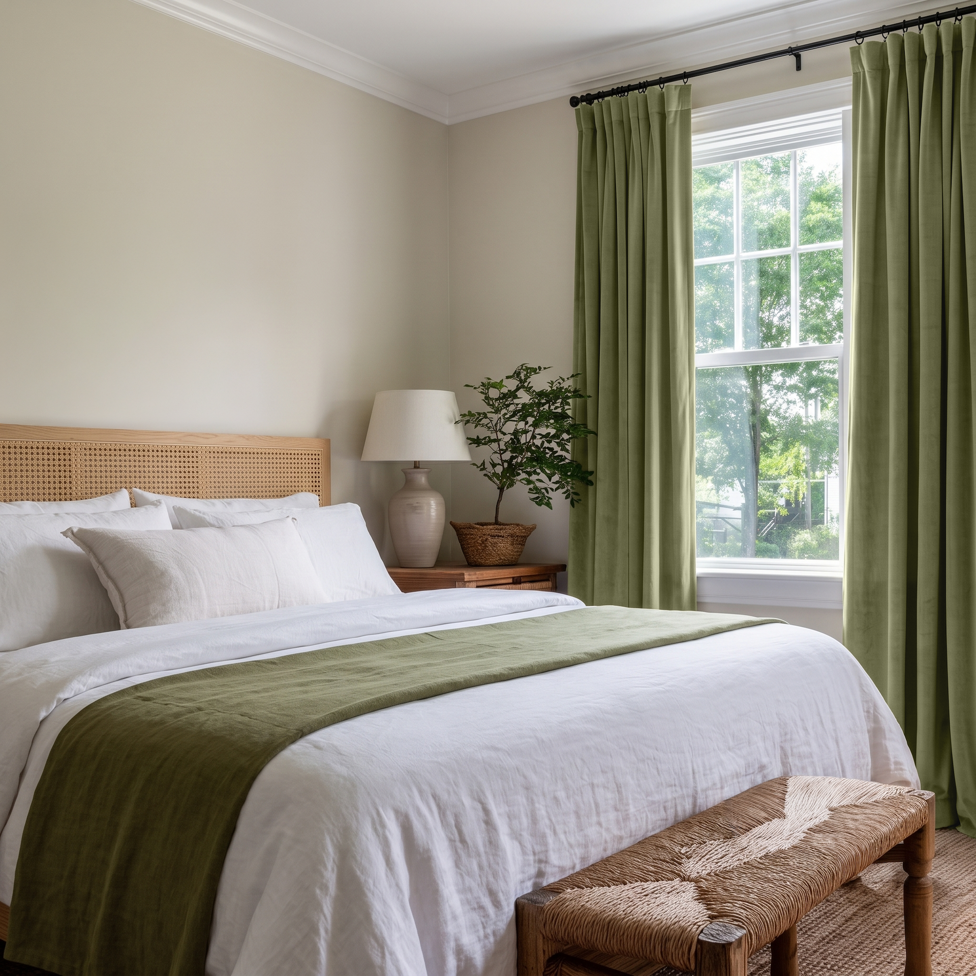 Olive Green Velvet Multitape Soundproof Curtains in a Minimal Bedroom with White Bedding and a Rattan Bench
