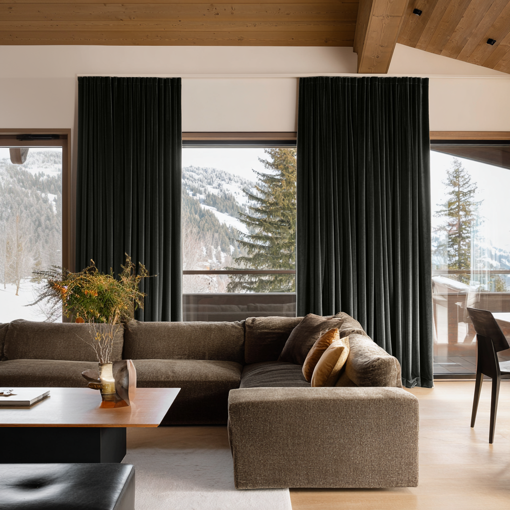 Dark Grey Velvet Multitape Soundproof Curtains in an Alpine Living Room with a Sectional Sofa
