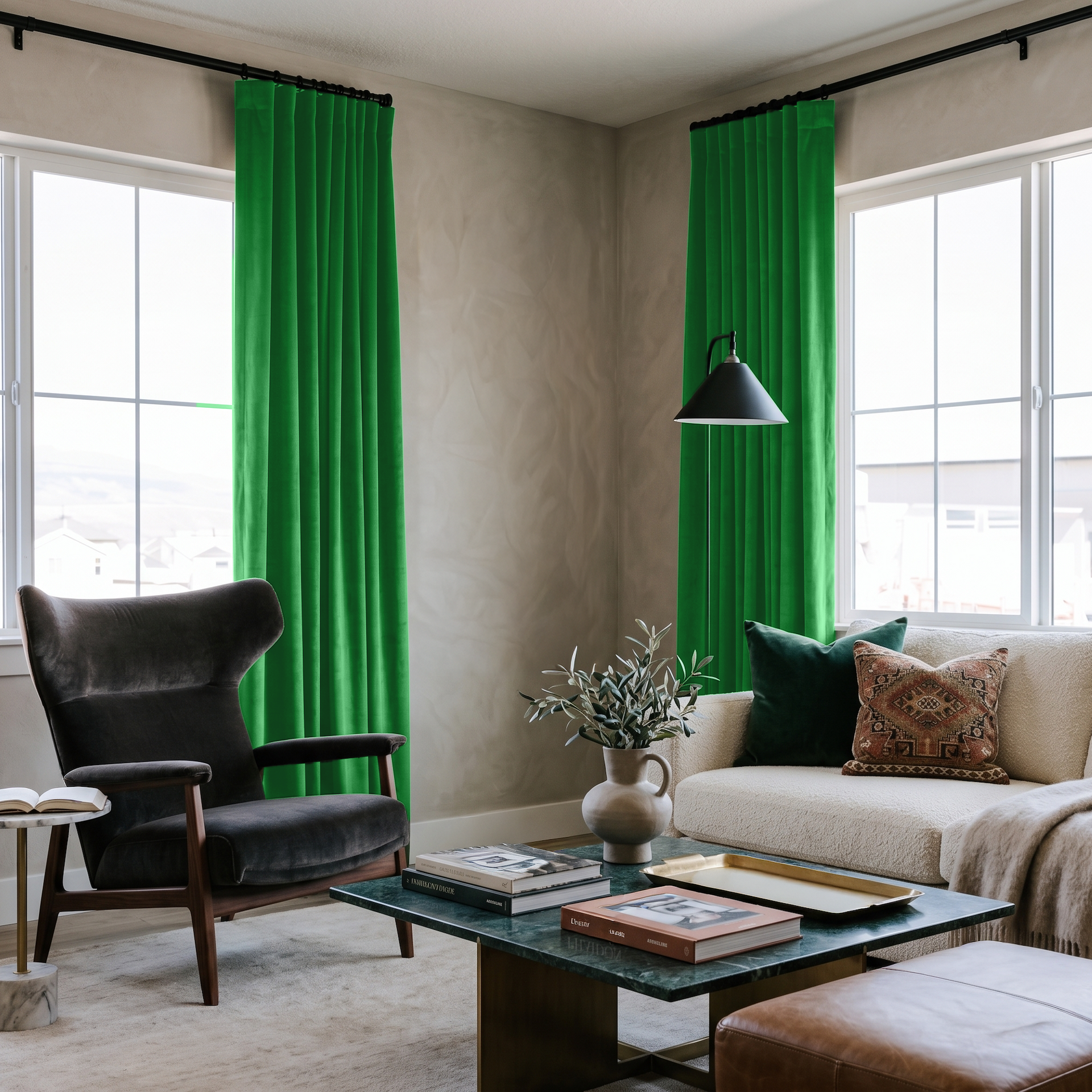 Lime Green Velvet Multitape Soundproof Curtains in a Contemporary Living Room with Taupe Walls and a Dark Accent Chair