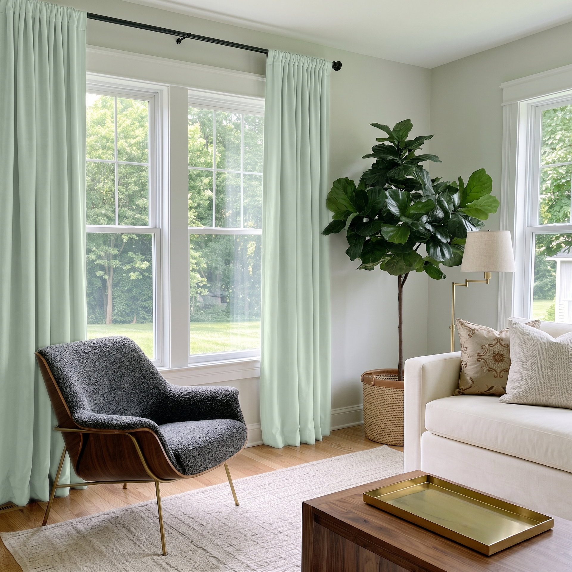 Mint Green Velvet Multitape Soundproof Curtains in a Modern Living Room with Pale Green Walls and a Charcoal Chair
