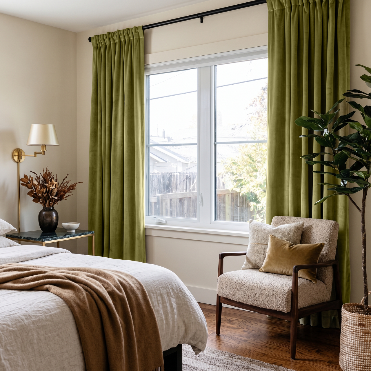Moss Green Velvet Multitape Soundproof Curtains in a Bedroom with White Bedding and a Boucle Accent Chair