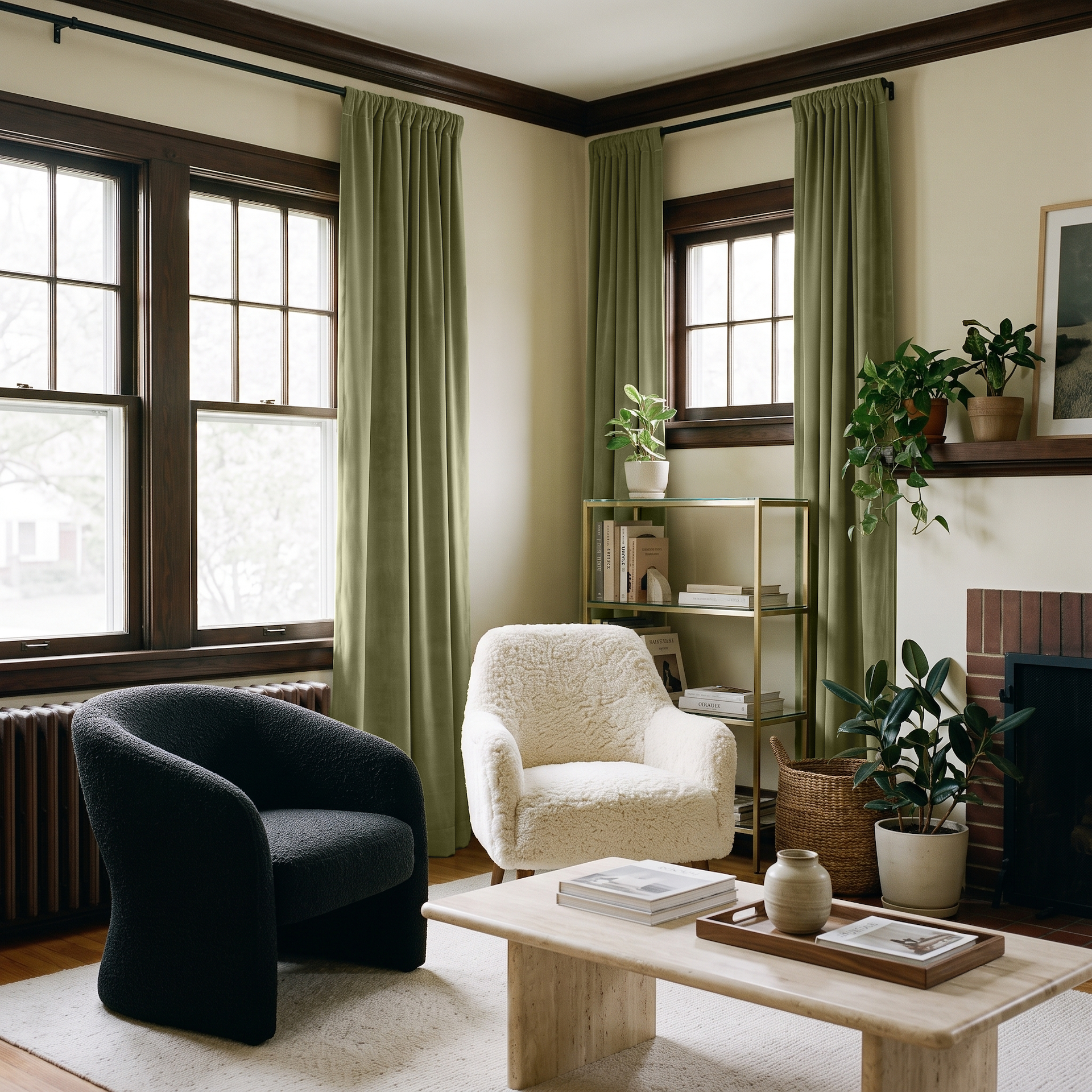 Olive Green Velvet Multitape Soundproof Curtains in an Eclectic Living Room with Cream Walls and Bouclé Chairs