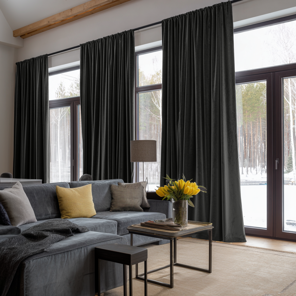 Dark Grey Velvet Multitape Thermal Curtains in a Modern Living Room with a Grey Sectional