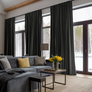 Dark Grey Velvet Multitape Thermal Curtains in a Modern Living Room with a Grey Sectional