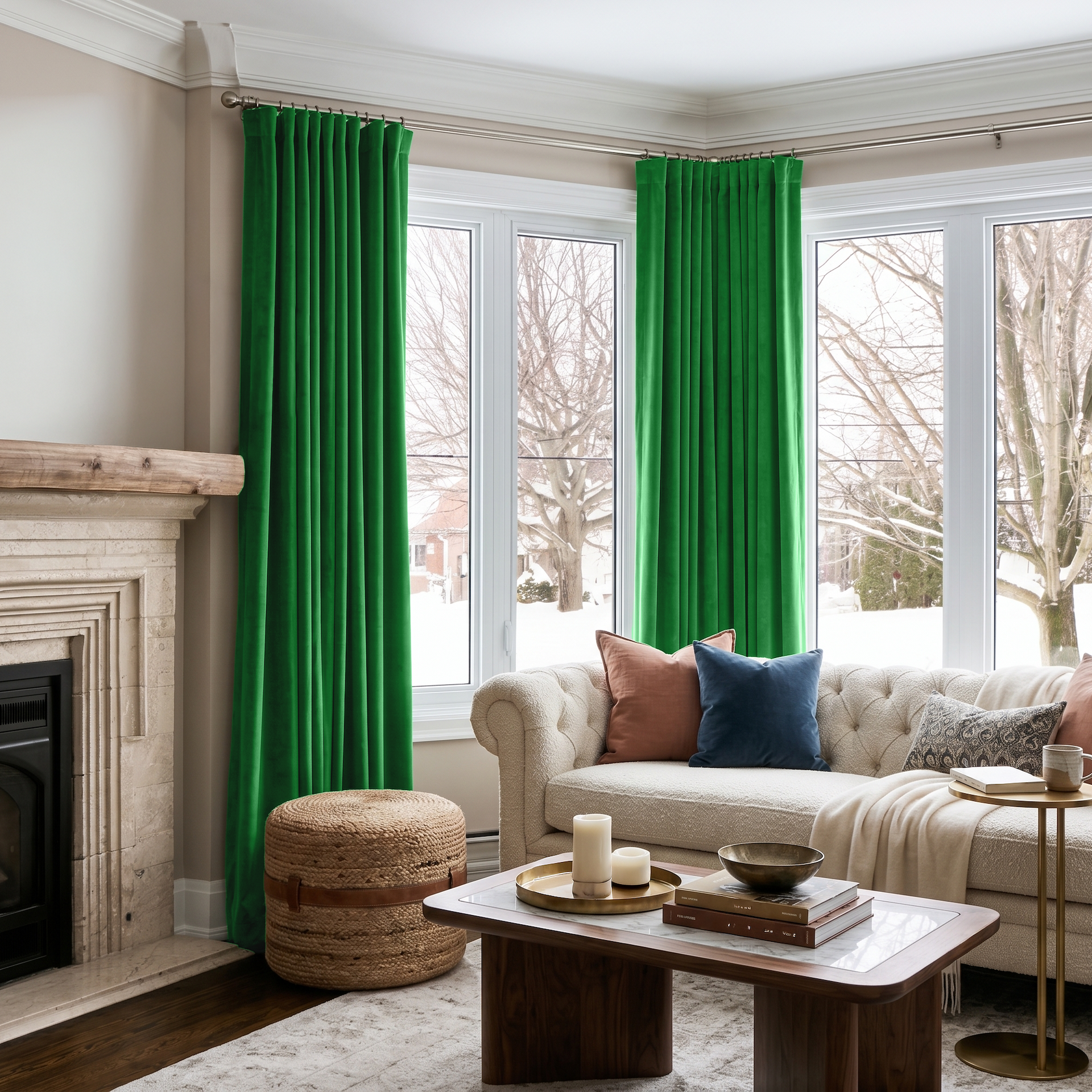 Lime Green Velvet Multitape Thermal Curtains in a Bright Living Room with Cream Walls and an Ivory Tufted Sofa