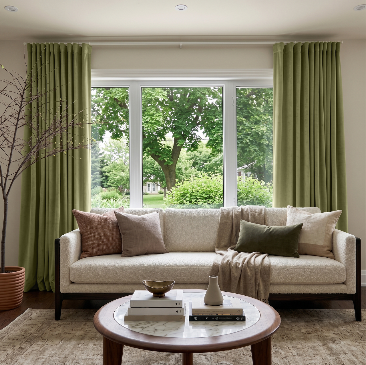 Olive Green Velvet Multitape Thermal Curtains in a Contemporary Living Room with Cream Walls and a Bouclé Sofa