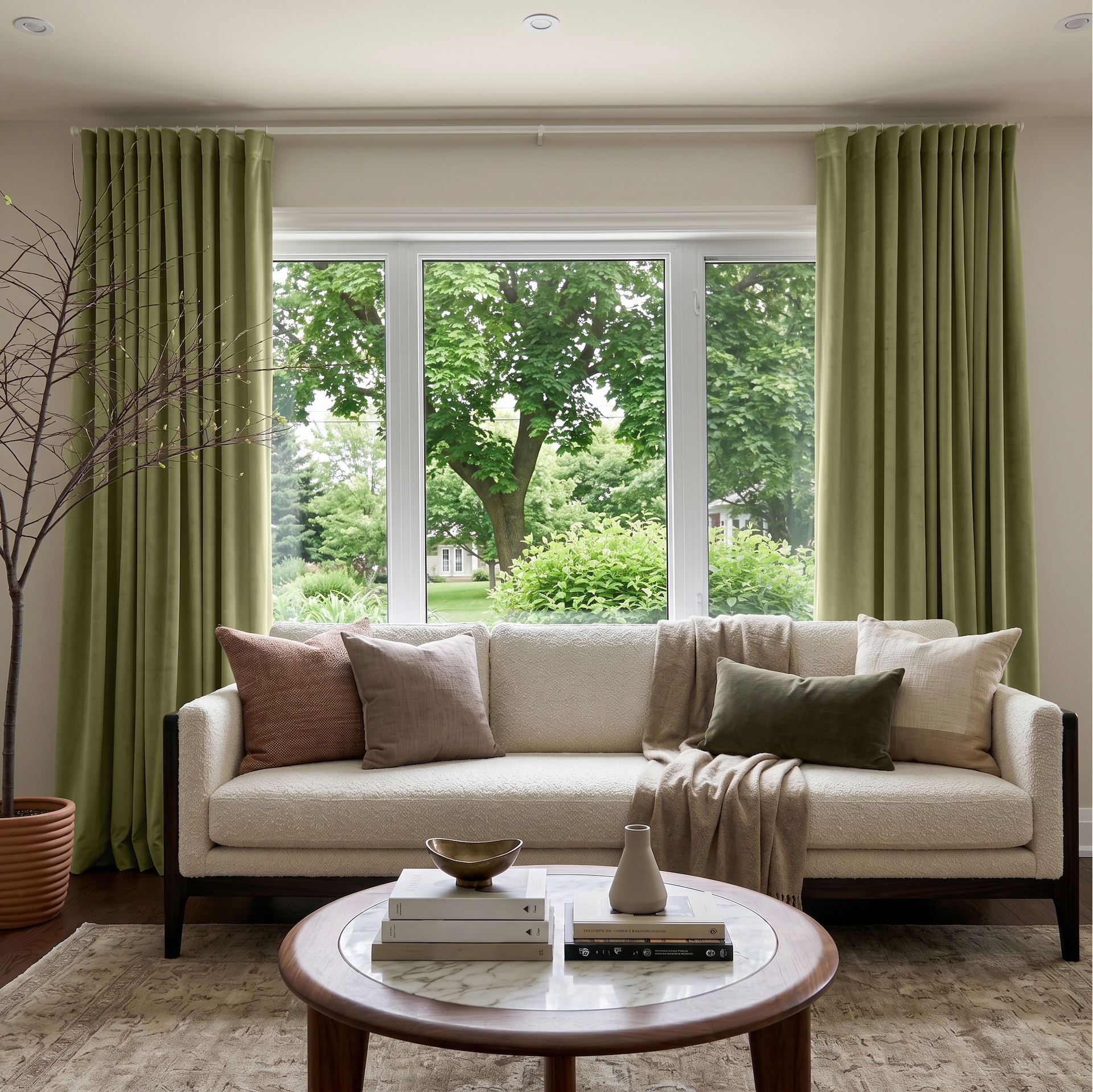 Olive Green Velvet Multitape Thermal Curtains in a Contemporary Living Room with Cream Walls and a Bouclé Sofa