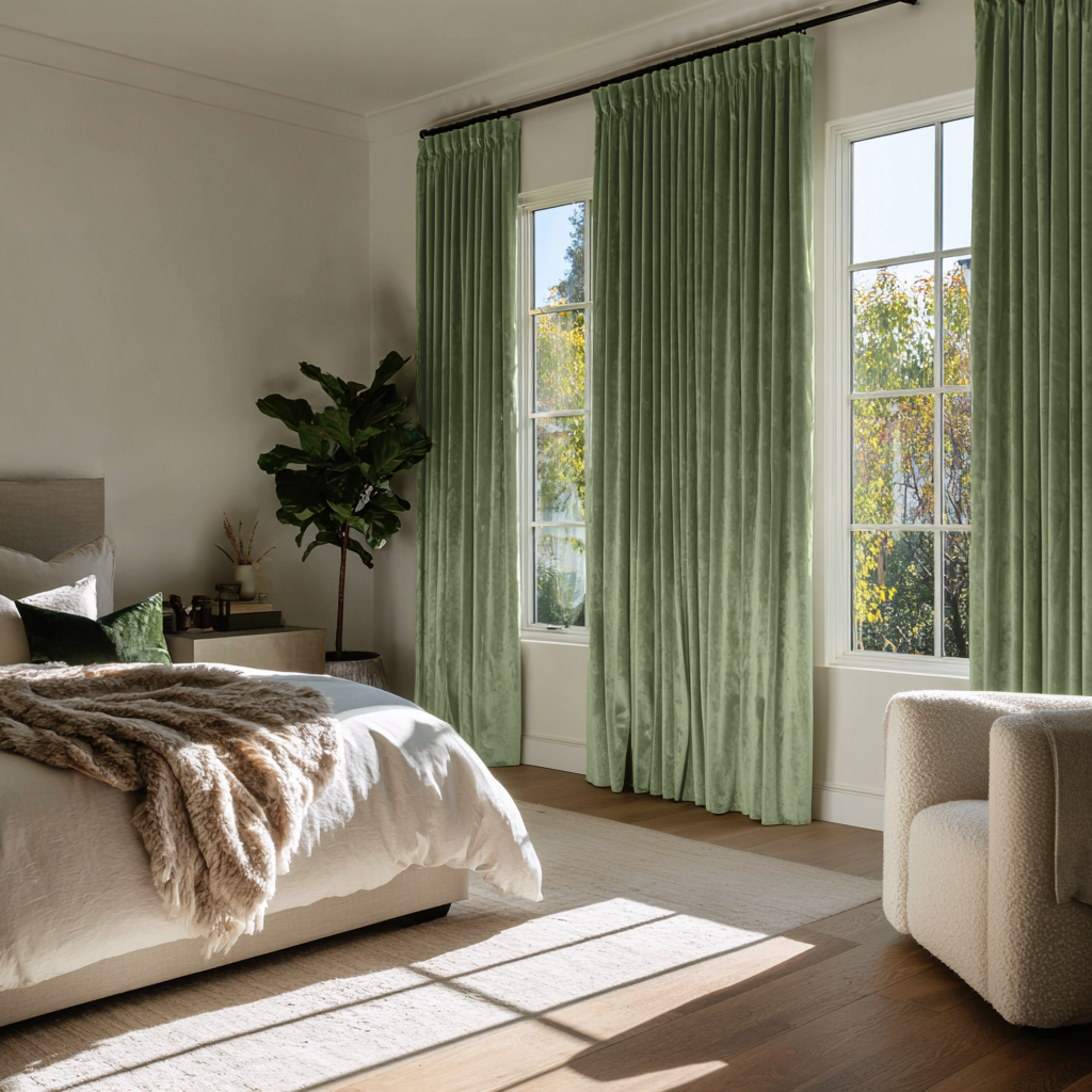 Sage Green Velvet Blackout Pencil Pleat Curtain Panel