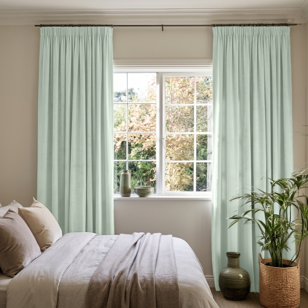 Mint Green Velvet Pencil Pleat Curtains in a Bright Bedroom with Warm Beige Walls and Light Taupe Bedding