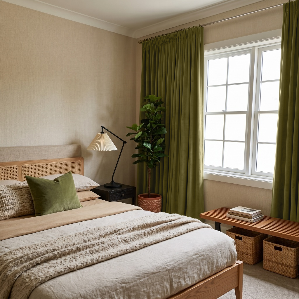 Moss Green Velvet Pencil Pleat Curtains in a Cozy Bedroom with Beige Bedding and a Rattan Headboard