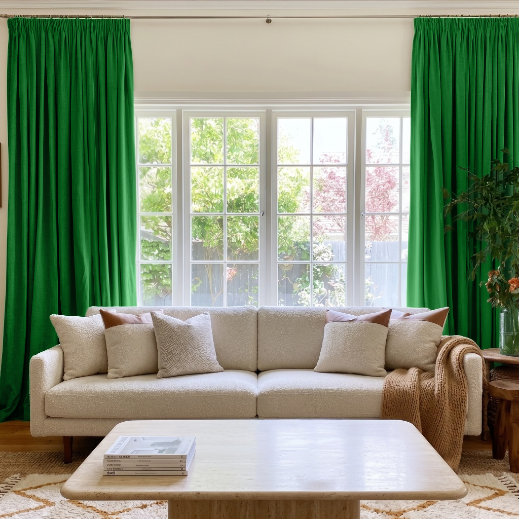 Lime Green Velvet Pencil Pleat Curtains in a Bright Living Room with Cream Walls and an Ivory Sofa