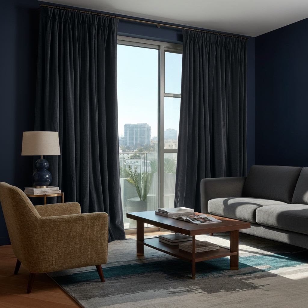 Steel Black Velvet Pinch Pleat Curtains in a Modern Living Room with a Navy Accent Wall