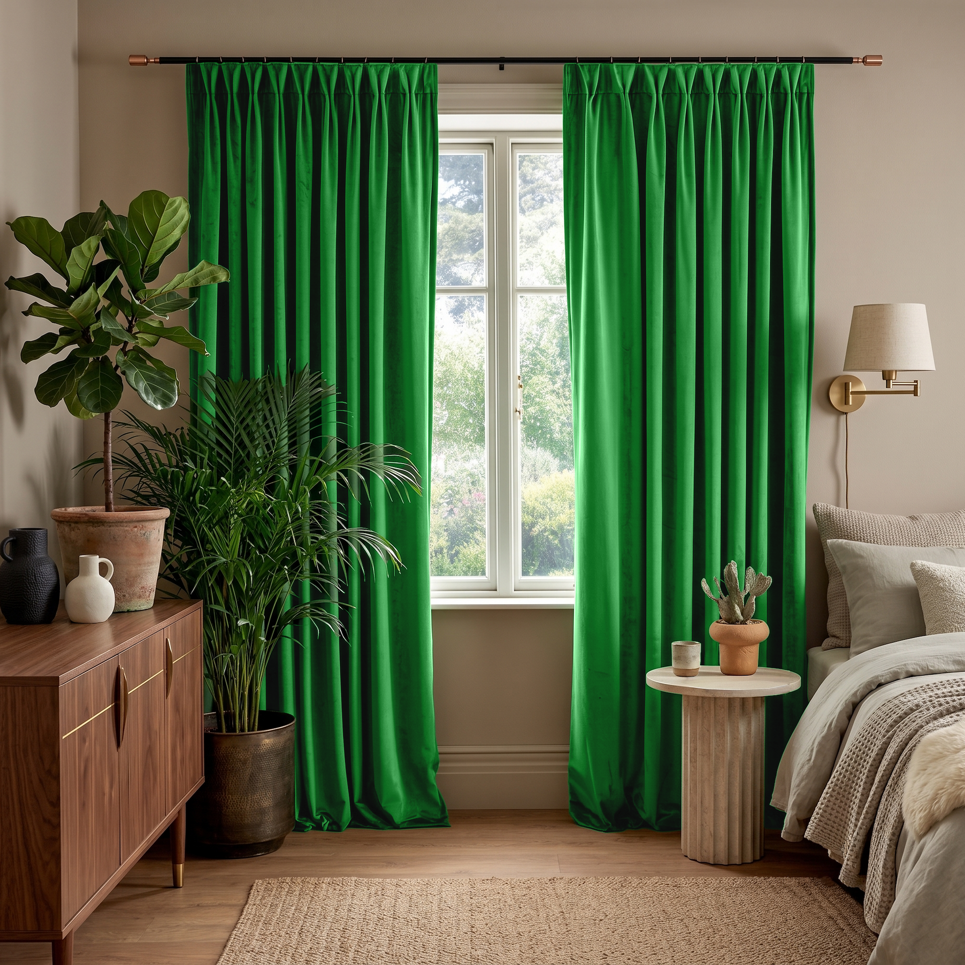 Lime Green Velvet Pinch Pleat Curtains in a Cozy Bedroom with Taupe Walls