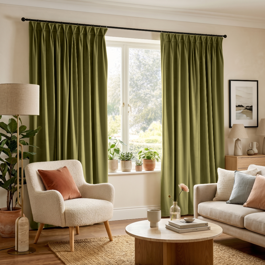 Moss Green Velvet Pinch Pleat Curtains in a Bright Living Room with a Cream Sofa and Blush Accent Pillows