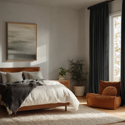 Dark Grey Velvet Rod Pocket Curtains in a Minimalist Bedroom with Warm Wood Furniture