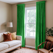 Lime Green Velvet Rod Pocket Curtains in a Contemporary Living Room with Beige Walls and Rust Accents