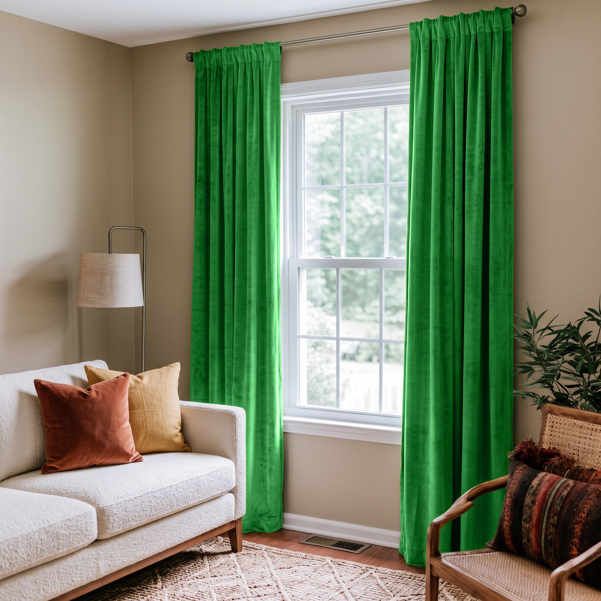 Lime Green Velvet Rod Pocket Curtains in a Contemporary Living Room with Beige Walls and Rust Accents