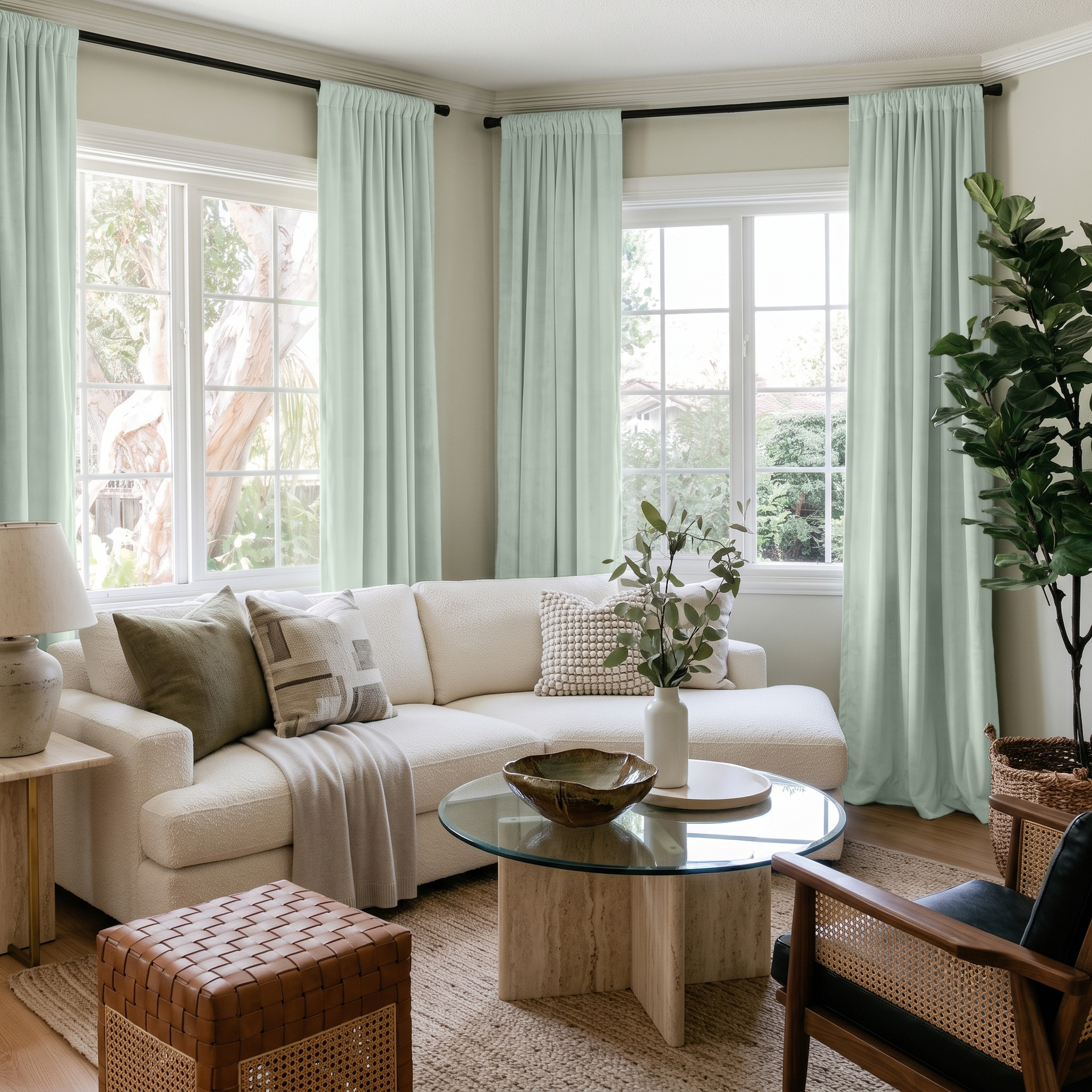 Mint Green Velvet Rod Pocket Curtains in a Contemporary Living Room with a White Sectional Sofa and Cane Accent Chair