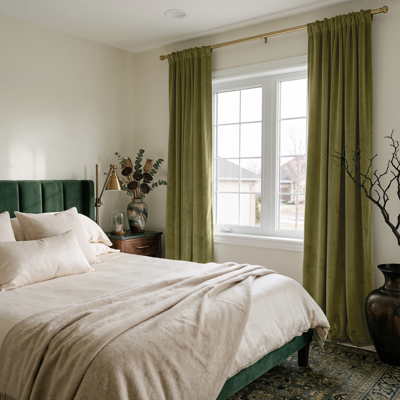 Moss Green Velvet Rod Pocket Curtains in an Elegant Bedroom with White Bedding and a Green Velvet Headboard