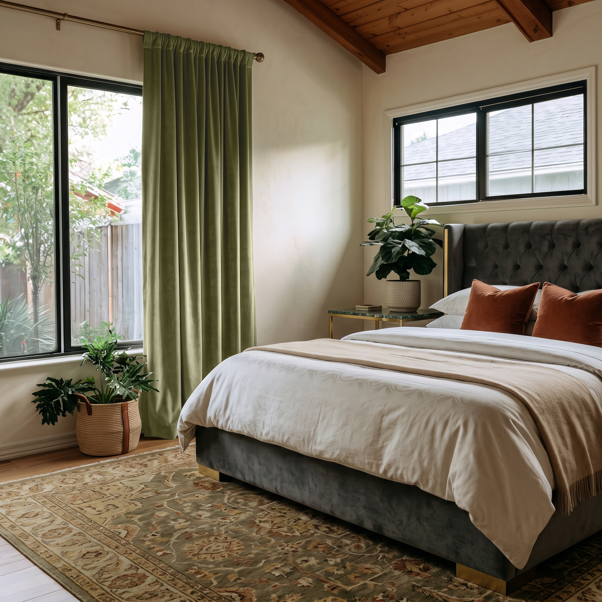 Olive Green Velvet Rod Pocket Curtains in a Modern Bedroom with Cream Walls